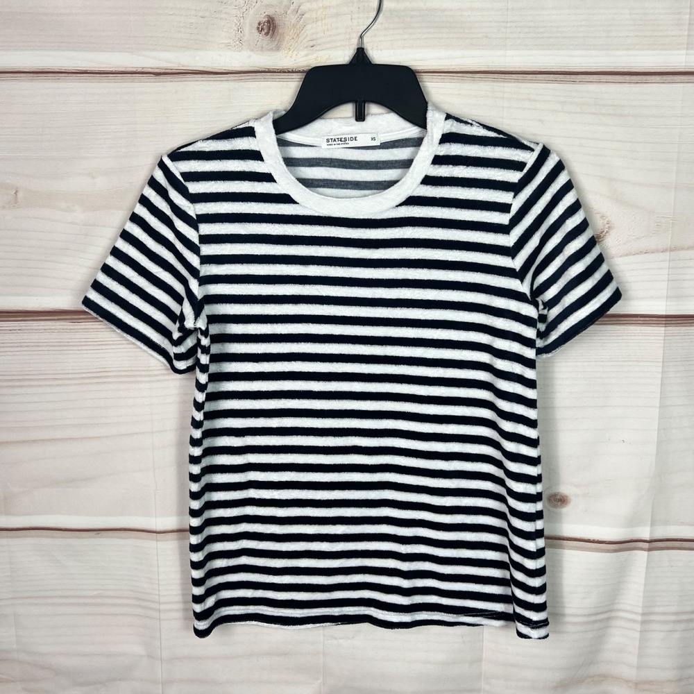 Stateside Top Women XS Blue Terry T-Shirt Striped Crew Neck Short Sleeve Stretch